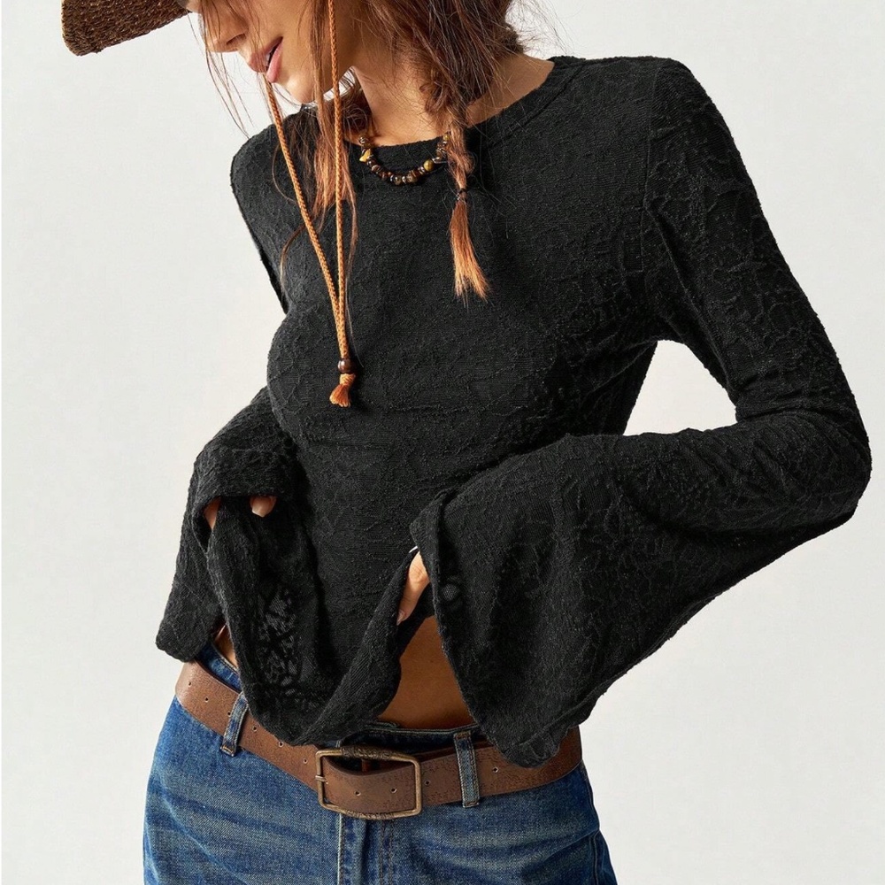 Solid Lace Fitted Long Bell Sleeve Top - image 2